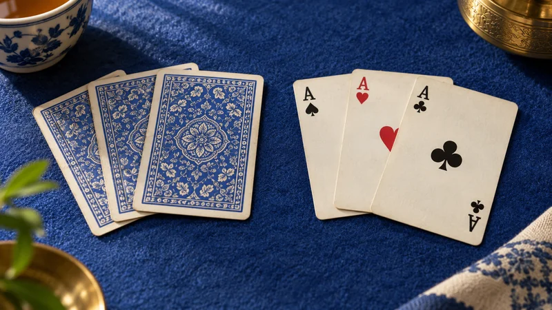 Face-up and face-down playing cards on royal-blue felt.
